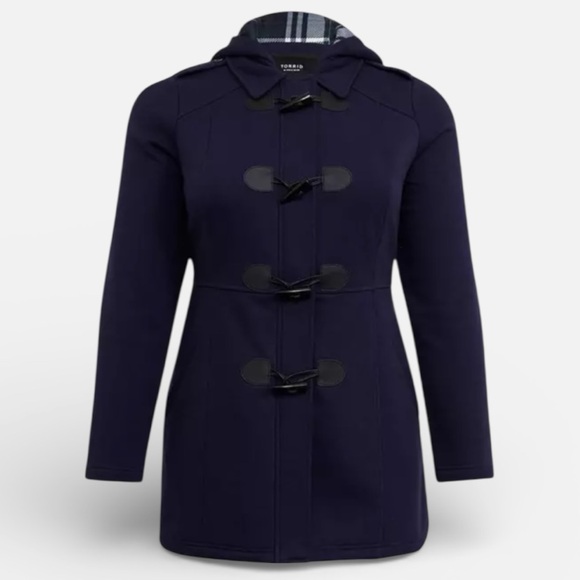 Torrid Dark Blue Hooded Fleece Lined Toggle Coat - Picture 3 of 11